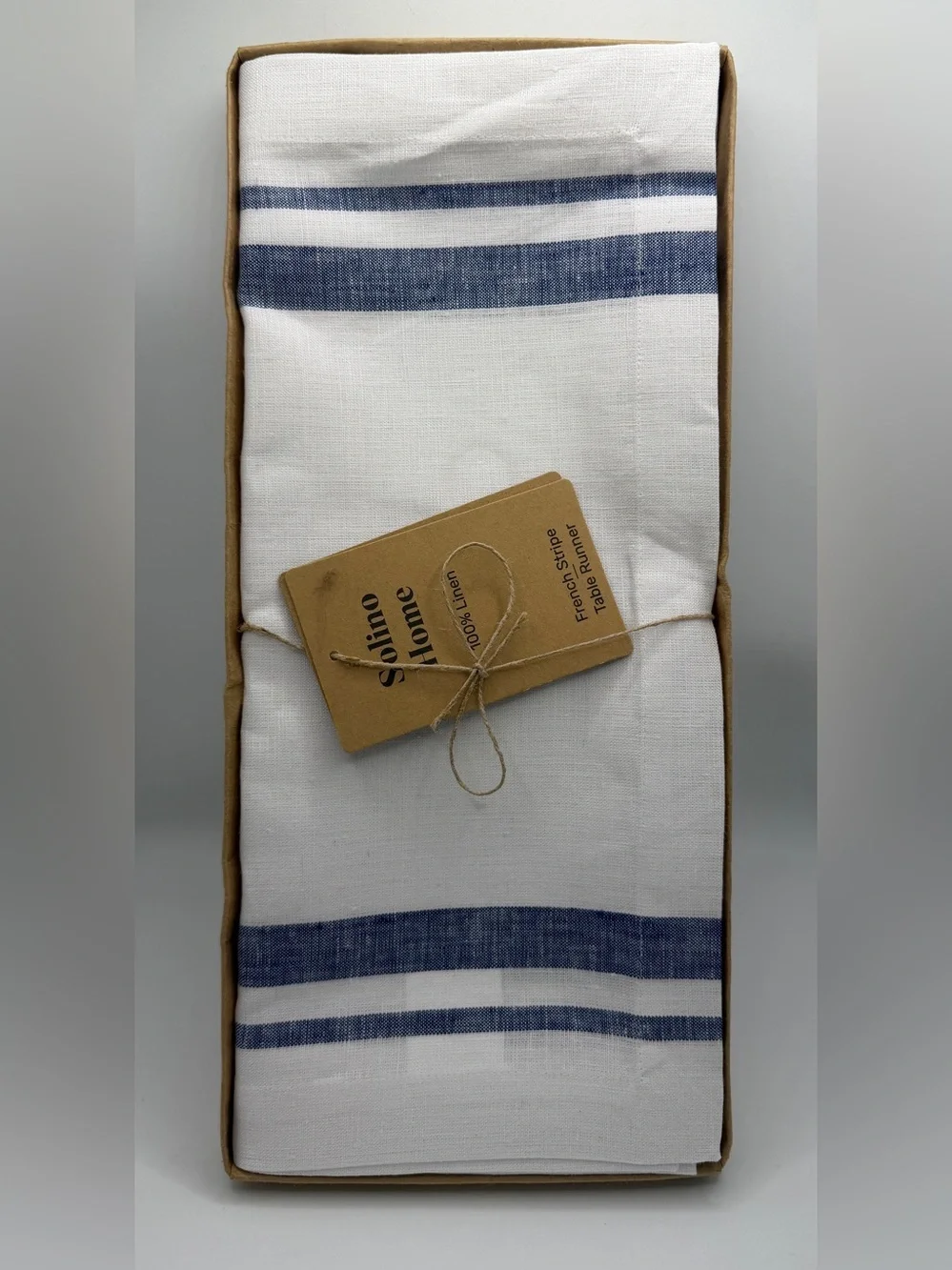 Solino Home 100% Pure Linen, French Stripe Table Runner 14 x 144 in Navy French